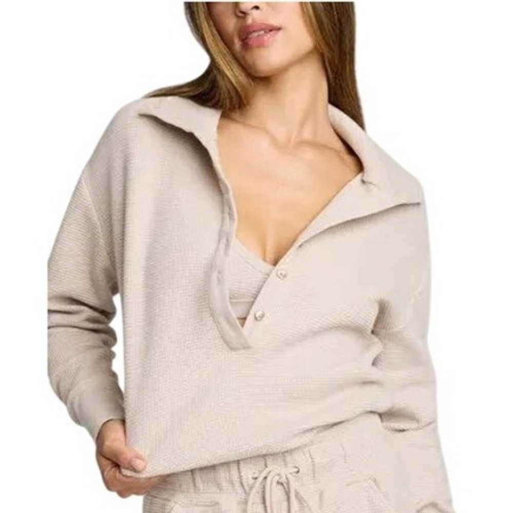 Negative Underwear Women Cotton Waffle Knit Pullover Henley Sweater Tan Casual